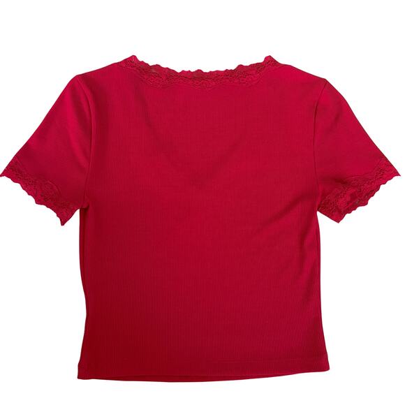 Express Fitted Lace Trim Top S Red Y2K Style Baby Tee Romantic Holiday Ribbed - Picture 5 of 5